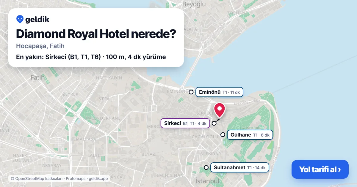 Diamond Royal Hotel nerede: haritada konumu ve en yakın duraklar, yürüme süreleriyle