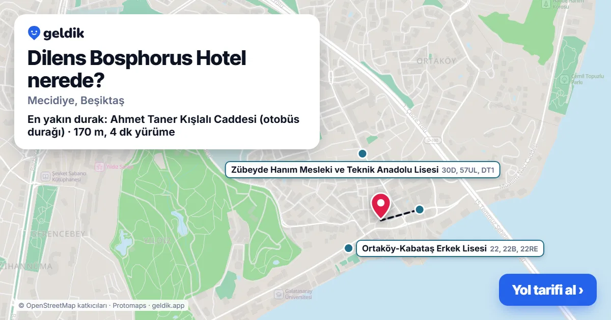 Dilens Bosphorus Hotel nerede: haritada konumu ve en yakın duraklar, yürüme süreleriyle