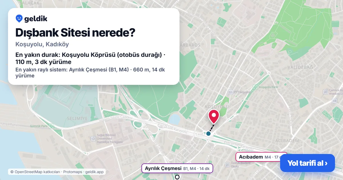 Where is Dışbank Sitesi: map with its location and the nearest stops, with walking times