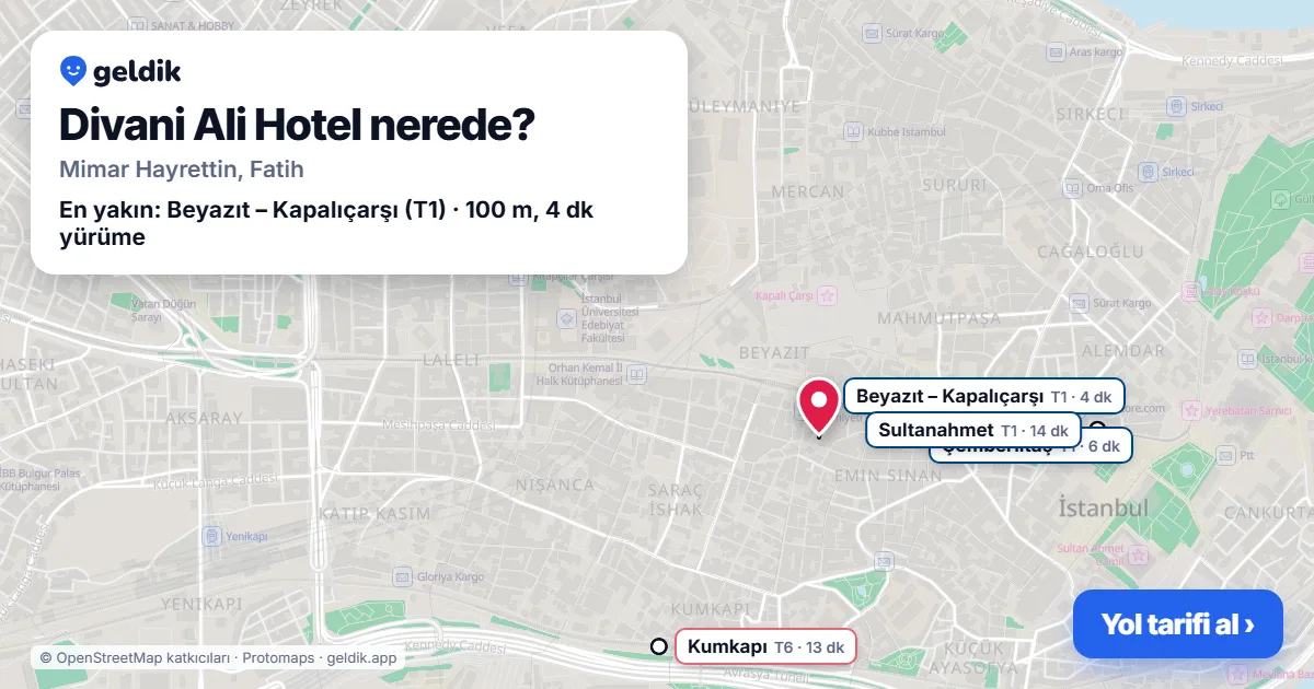Divani Ali Hotel nerede: haritada konumu ve en yakın duraklar, yürüme süreleriyle
