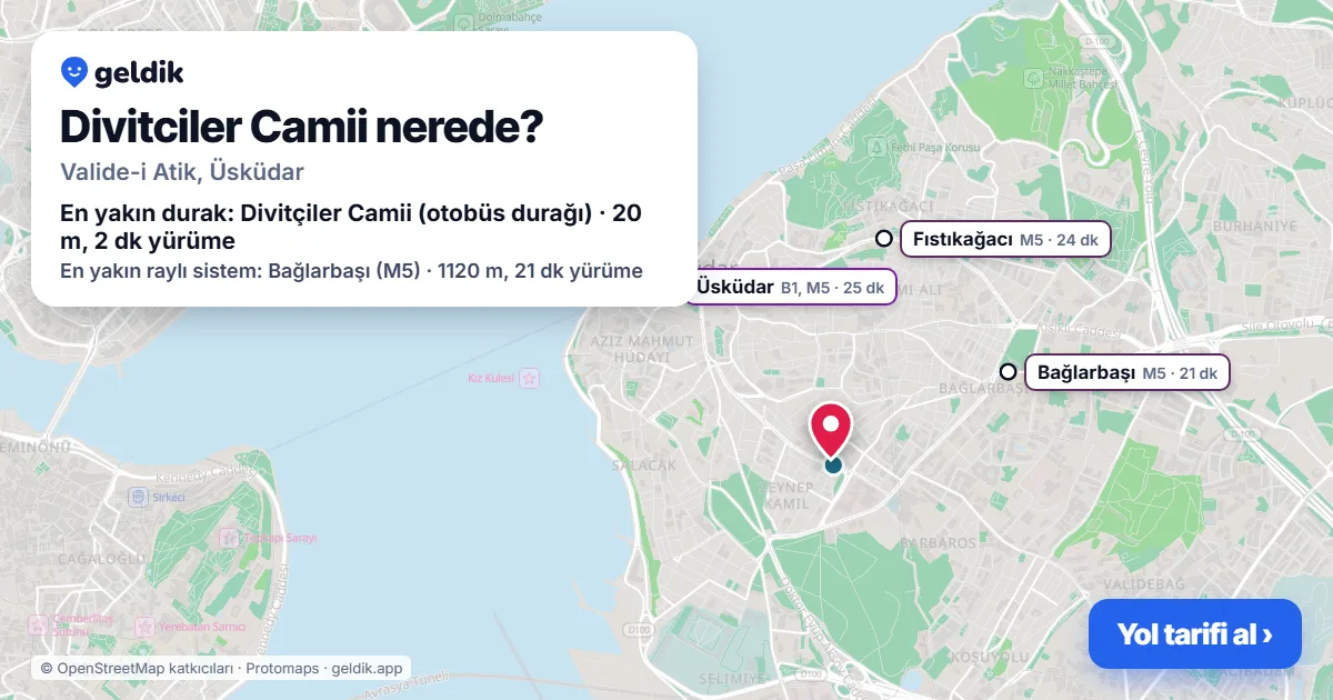 Divitciler Camii nerede: haritada konumu ve en yakın duraklar, yürüme süreleriyle