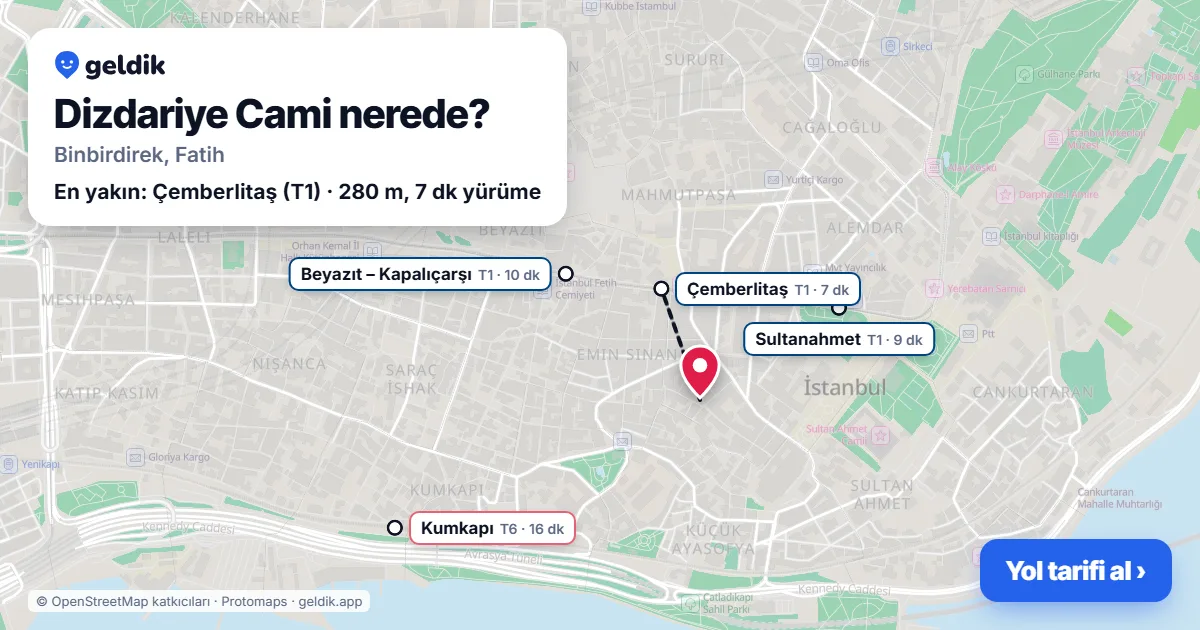 Dizdariye Cami nerede: haritada konumu ve en yakın duraklar, yürüme süreleriyle