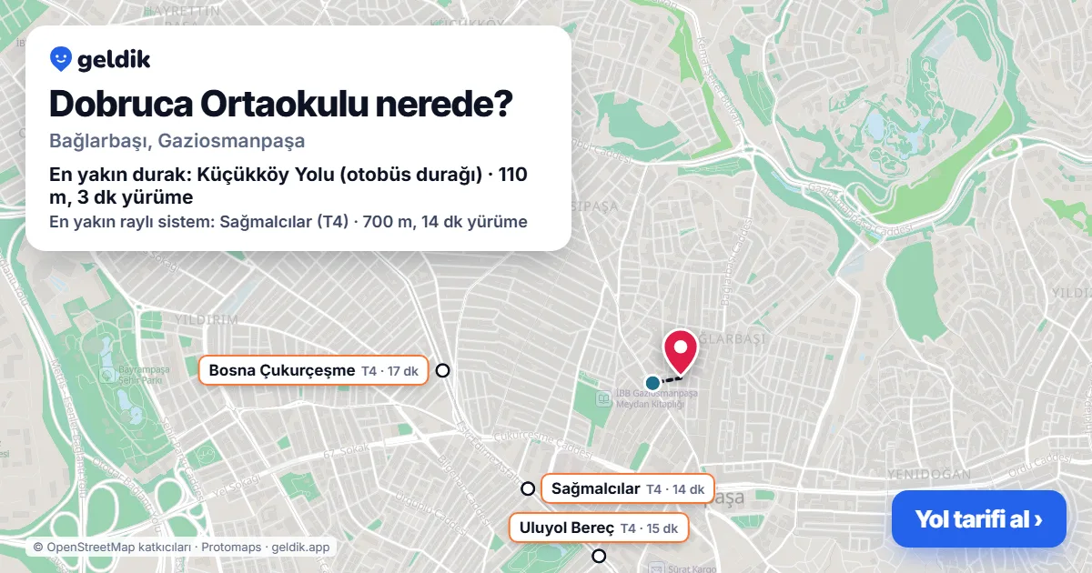 Dobruca Ortaokulu nerede: haritada konumu ve en yakın duraklar, yürüme süreleriyle