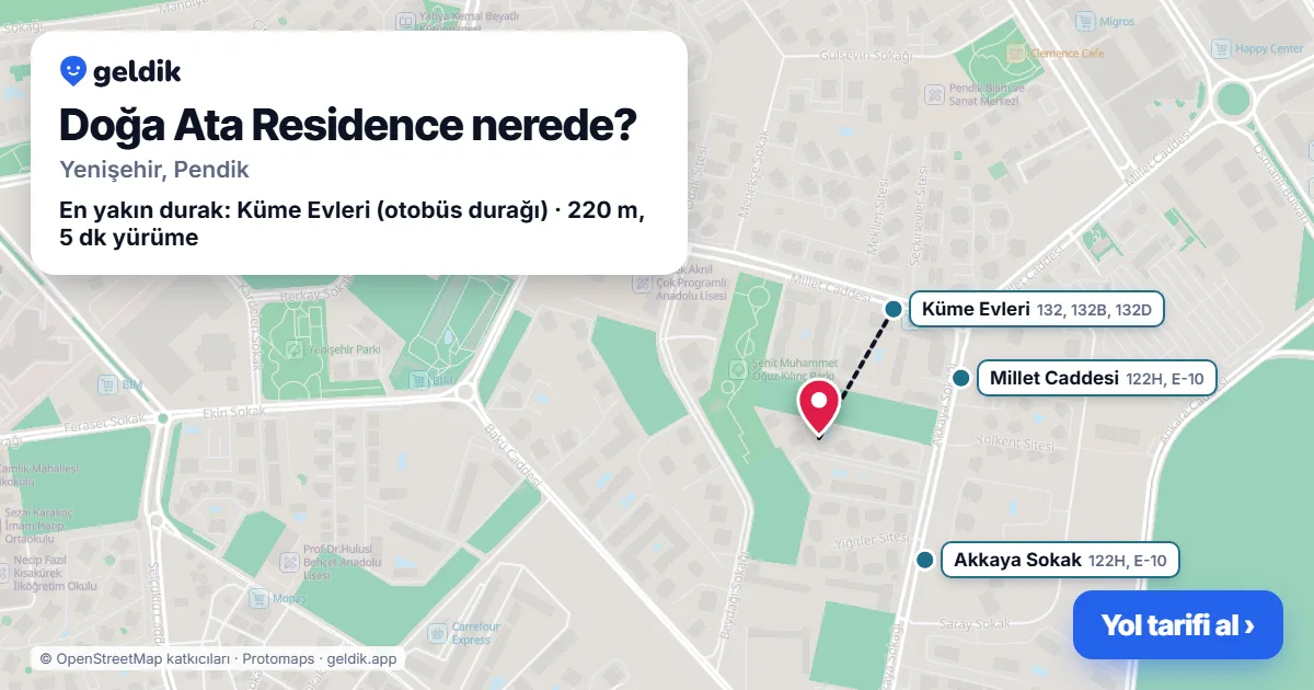 Doğa Ata Residence nerede: haritada konumu ve en yakın duraklar, yürüme süreleriyle