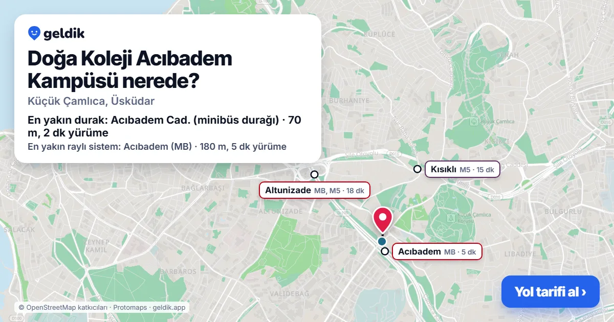 Where is Doğa Koleji Acıbadem Kampüsü: map with its location and the nearest stops, with walking times