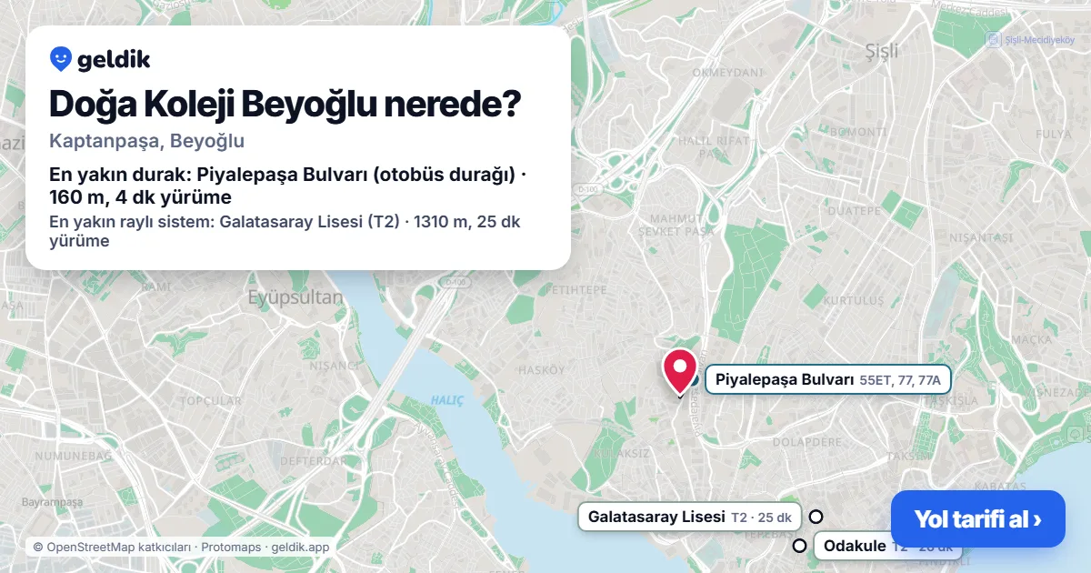 Where is Doğa Koleji Beyoğlu: map with its location and the nearest stops, with walking times