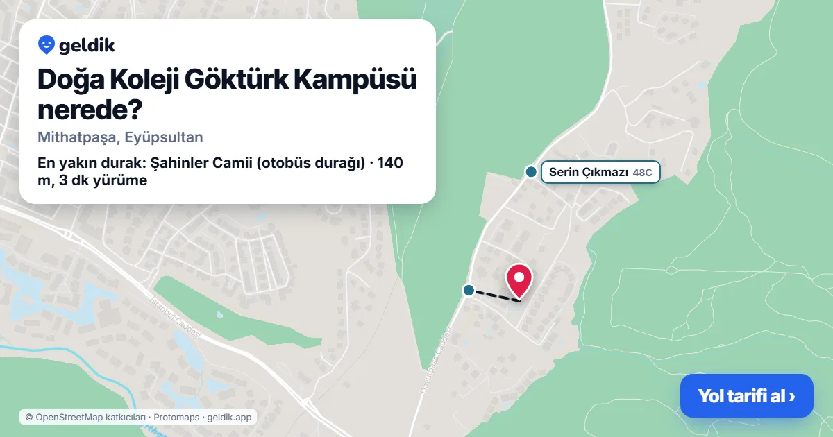 Where is Doğa Koleji Göktürk Kampüsü: map with its location and the nearest stops, with walking times