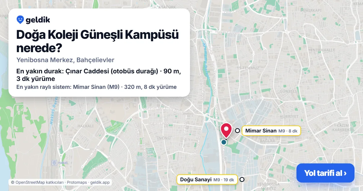 Doğa Koleji Güneşli Kampüsü nerede: haritada konumu ve en yakın duraklar, yürüme süreleriyle