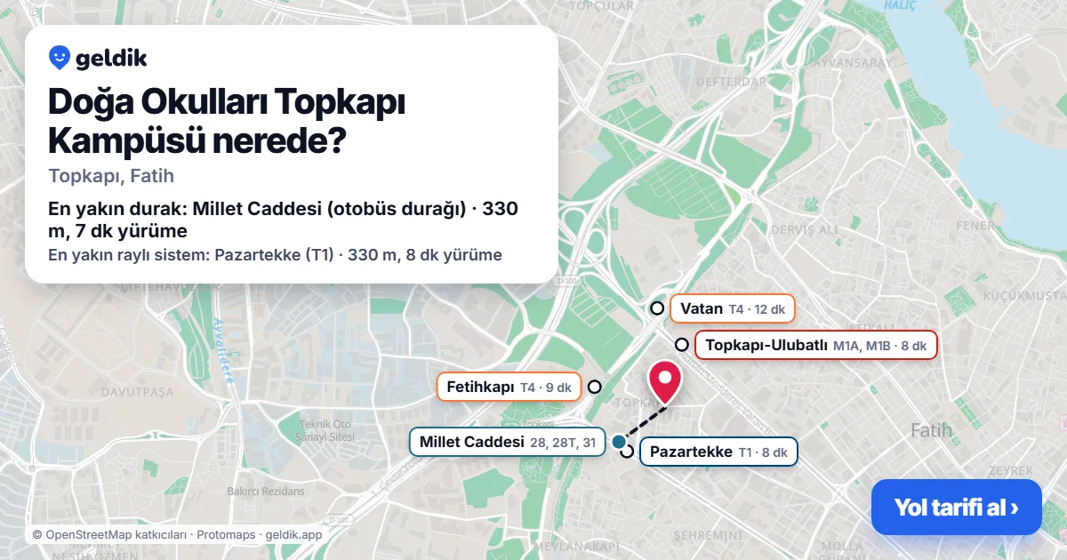 Where is Doğa Okulları Topkapı Kampüsü: map with its location and the nearest stops, with walking times