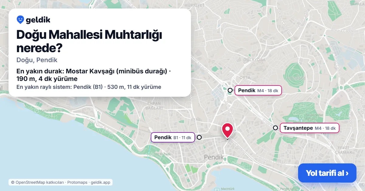 Doğu Mahallesi Muhtarlığı nerede: haritada konumu ve en yakın duraklar, yürüme süreleriyle