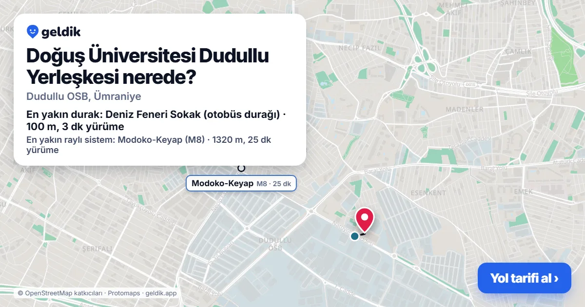 Where is Doğuş Üniversitesi Dudullu Yerleşkesi: map with its location and the nearest stops, with walking times