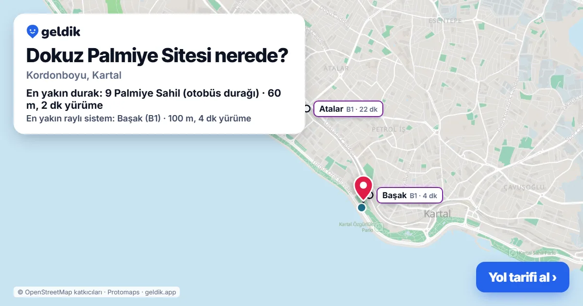Dokuz Palmiye Sitesi nerede: haritada konumu ve en yakın duraklar, yürüme süreleriyle