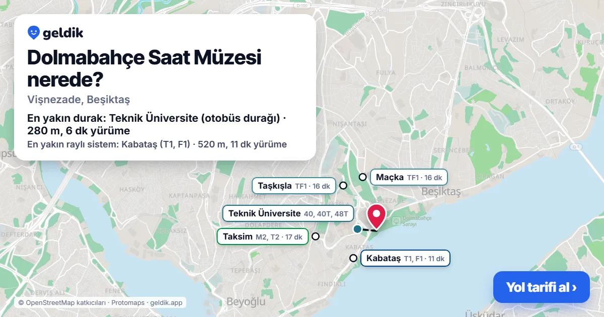 Dolmabahçe Saat Müzesi nerede: haritada konumu ve en yakın duraklar, yürüme süreleriyle