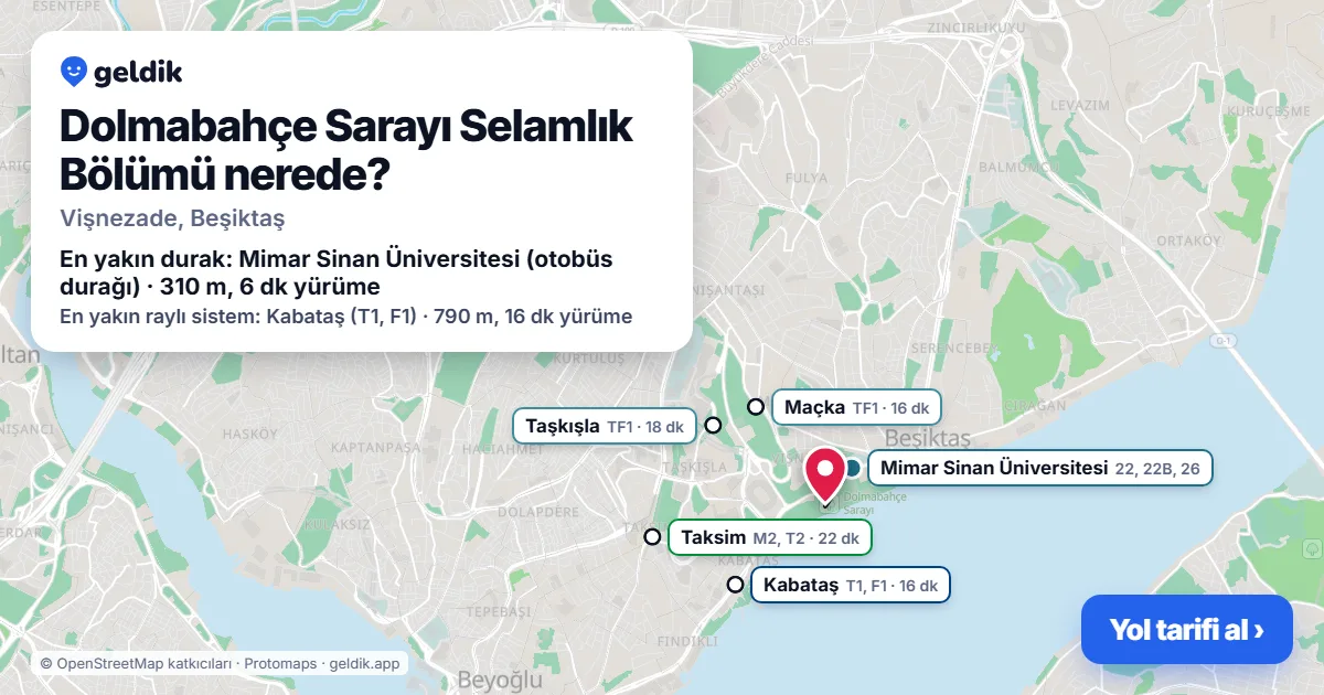 Dolmabahçe Sarayı Selamlık Bölümü nerede: haritada konumu ve en yakın duraklar, yürüme süreleriyle