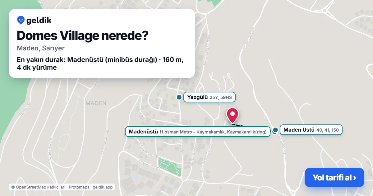 Domes Village nerede: haritada konumu ve en yakın duraklar, yürüme süreleriyle