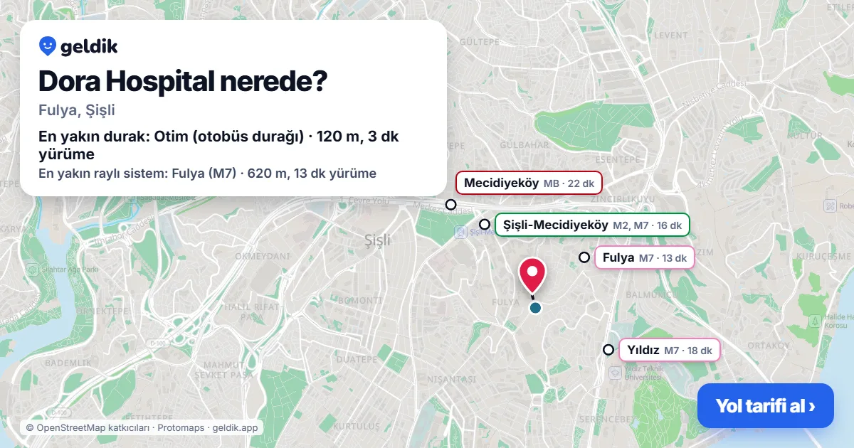 Where is Dora Hospital: map with its location and the nearest stops, with walking times