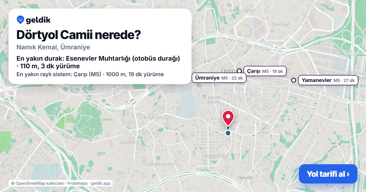 Where is Dörtyol Camii: map with its location and the nearest stops, with walking times