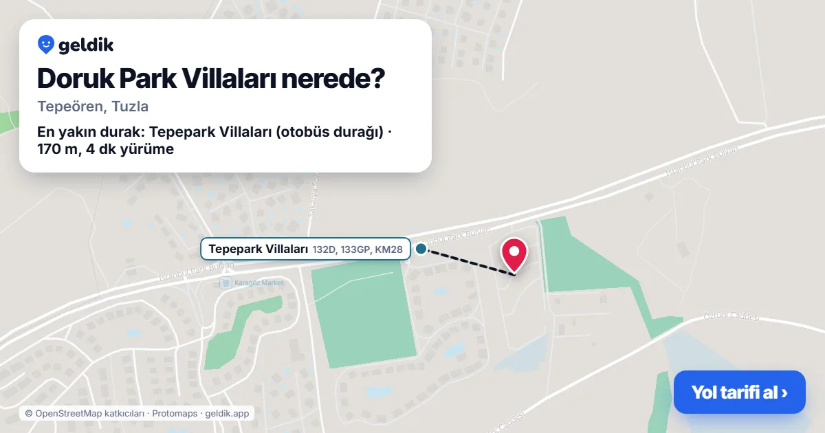Doruk Park Villaları nerede: haritada konumu ve en yakın duraklar, yürüme süreleriyle