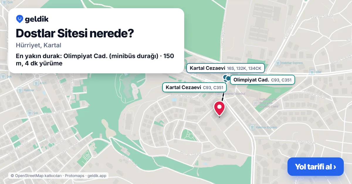 Dostlar Sitesi nerede: haritada konumu ve en yakın duraklar, yürüme süreleriyle