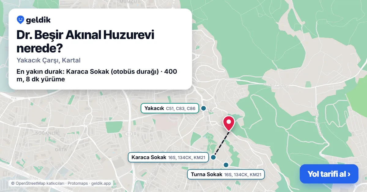Dr. Beşir Akınal Huzurevi nerede: haritada konumu ve en yakın duraklar, yürüme süreleriyle