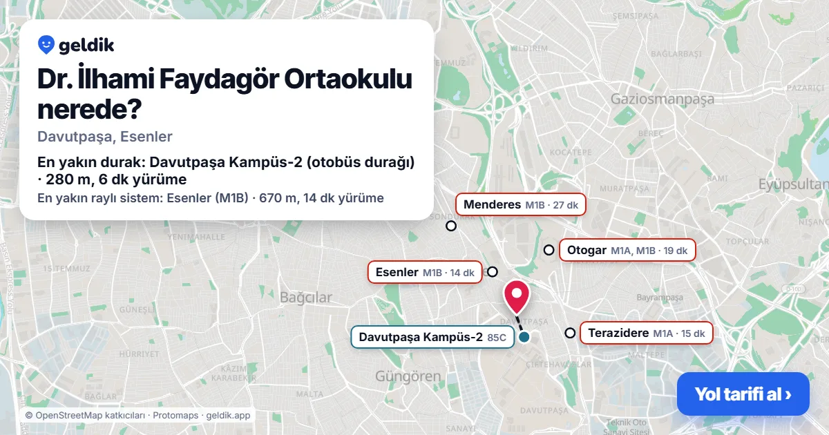 Dr. İlhami Faydagör Ortaokulu nerede: haritada konumu ve en yakın duraklar, yürüme süreleriyle