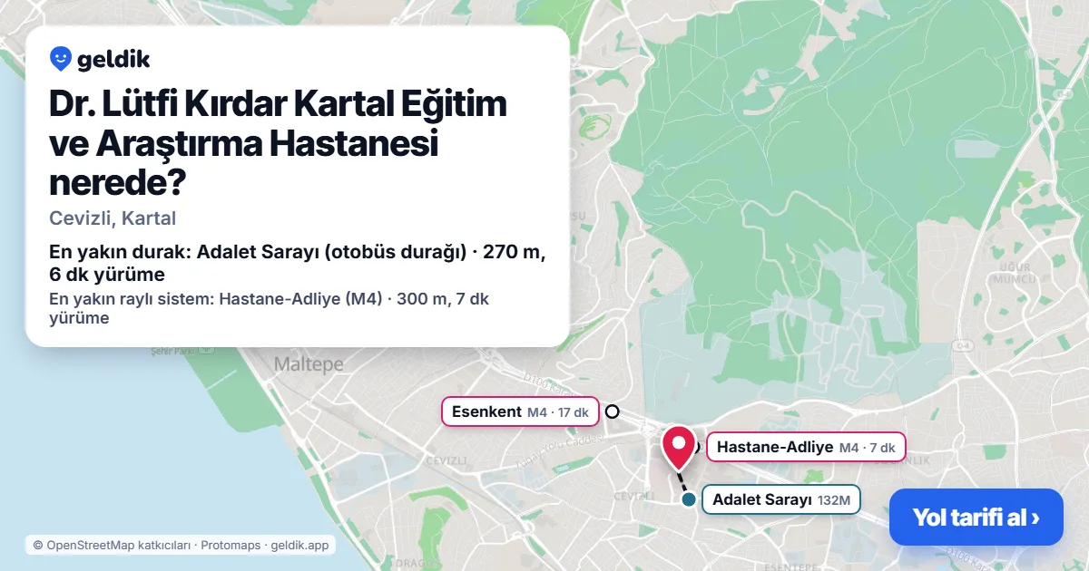 Dr. Lütfi Kırdar Kartal Eğitim ve Araştırma Hastanesi nerede: haritada konumu ve en yakın duraklar, yürüme süreleriyle