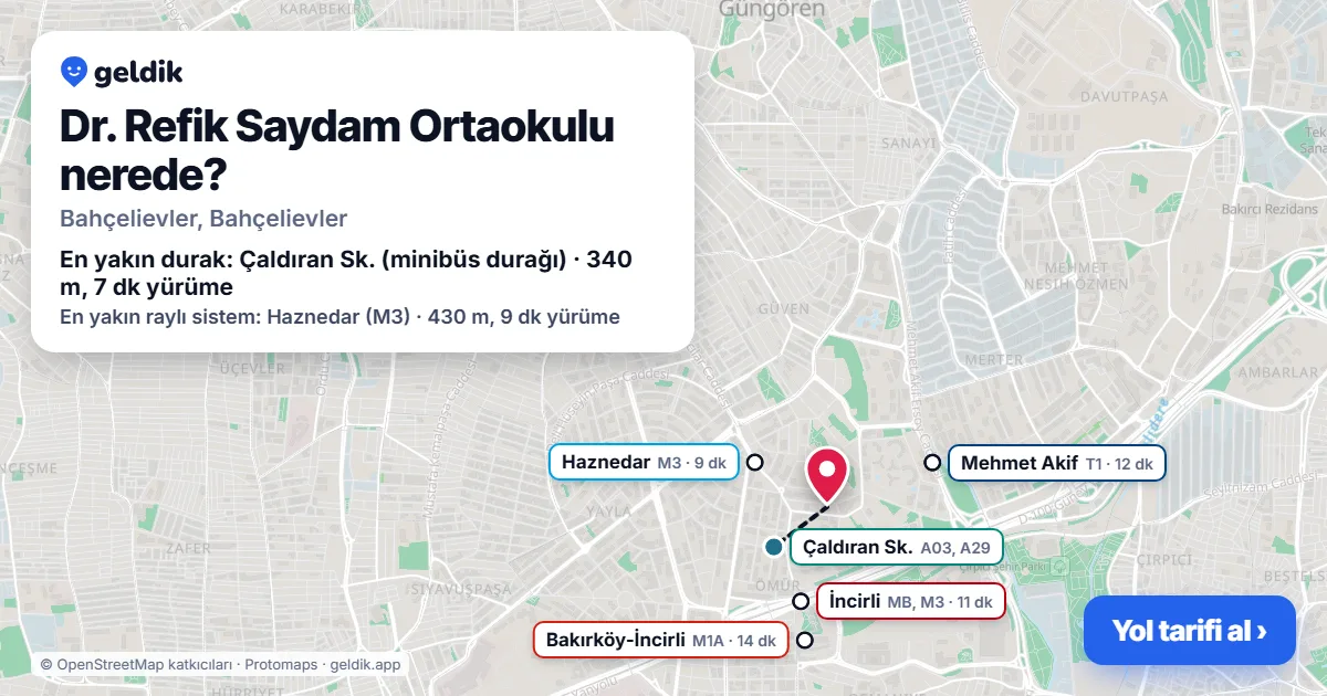 Dr. Refik Saydam Ortaokulu nerede: haritada konumu ve en yakın duraklar, yürüme süreleriyle