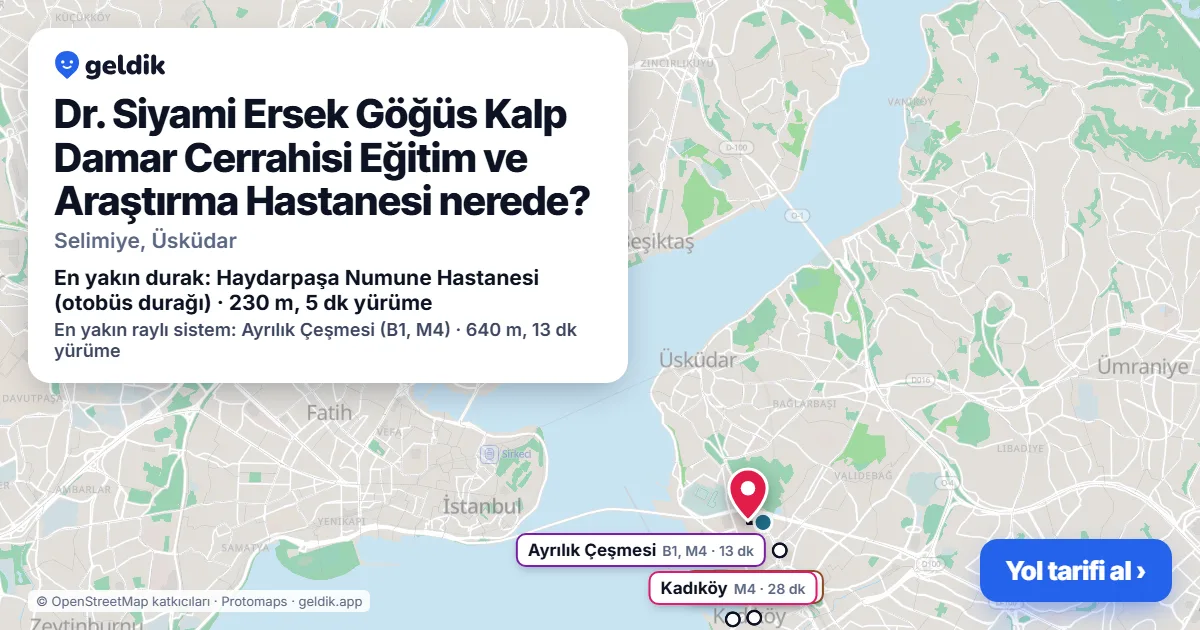 Where is Dr. Siyami Ersek Göğüs Kalp Damar Cerrahisi Eğitim ve Araştırma Hastanesi: map with its location and the nearest stops, with walking times
