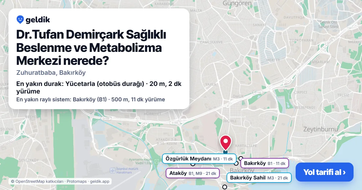 Where is Dr.Tufan Demirçark Sağlıklı Beslenme ve Metabolizma Merkezi: map with its location and the nearest stops, with walking times