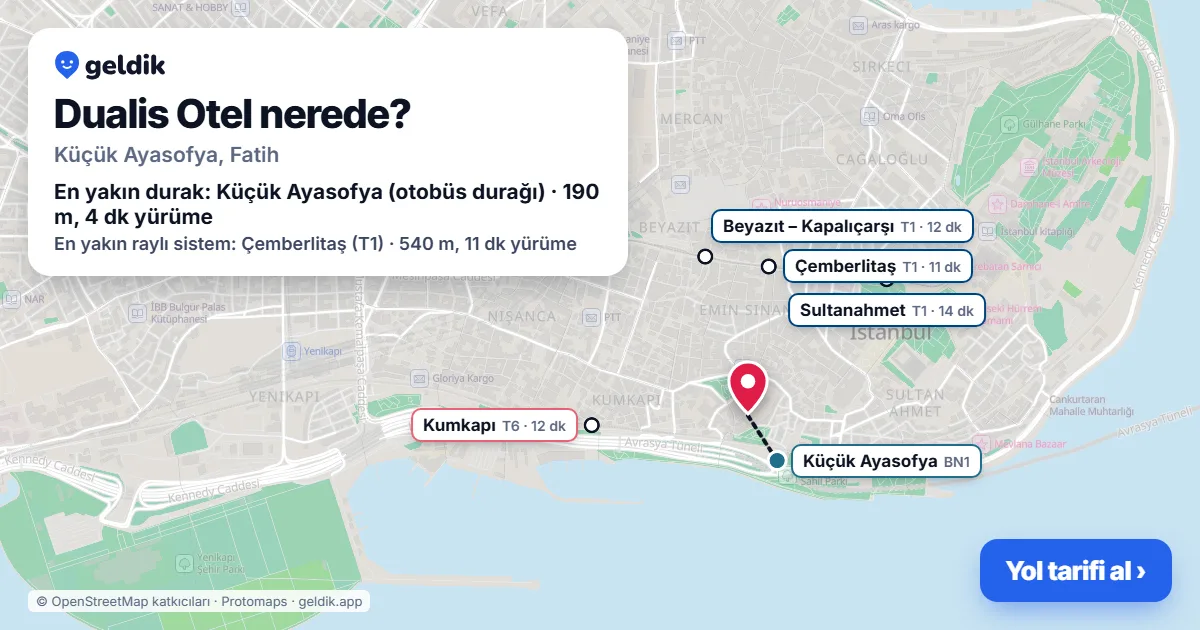 Dualis Otel nerede: haritada konumu ve en yakın duraklar, yürüme süreleriyle