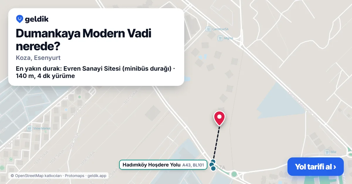 Dumankaya Modern Vadi nerede: haritada konumu ve en yakın duraklar, yürüme süreleriyle