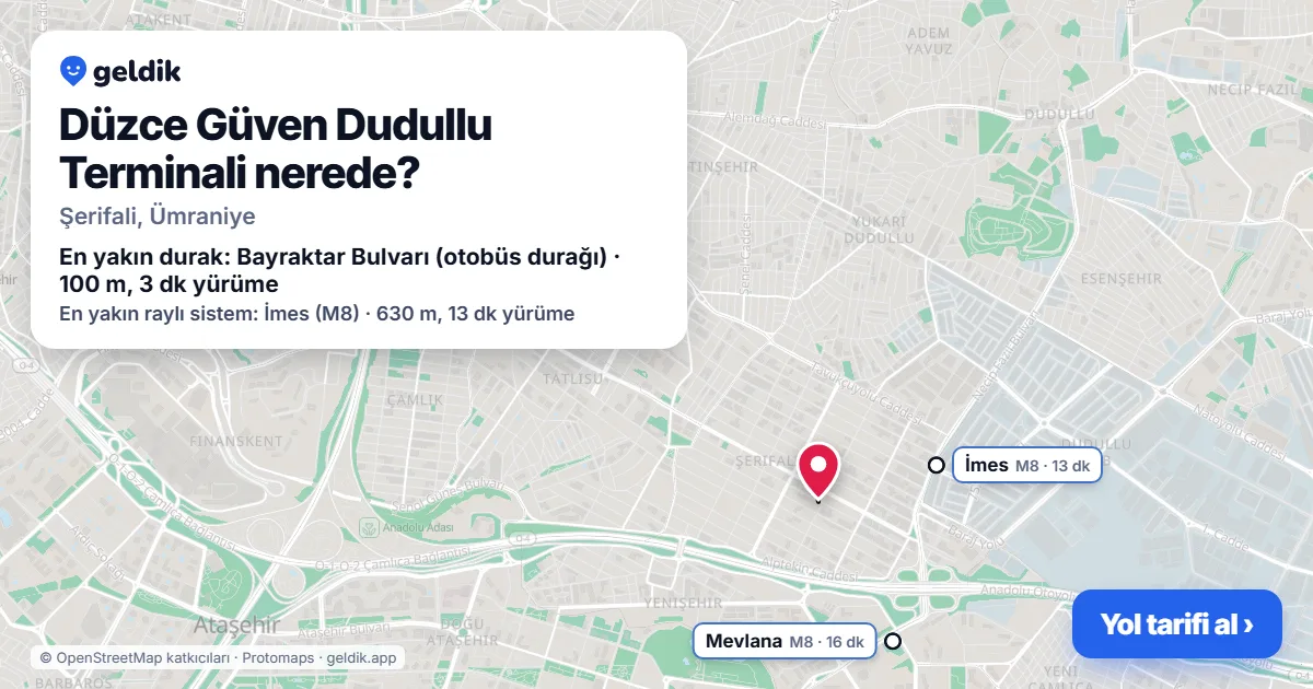 Where is Düzce Güven Dudullu Terminali: map with its location and the nearest stops, with walking times