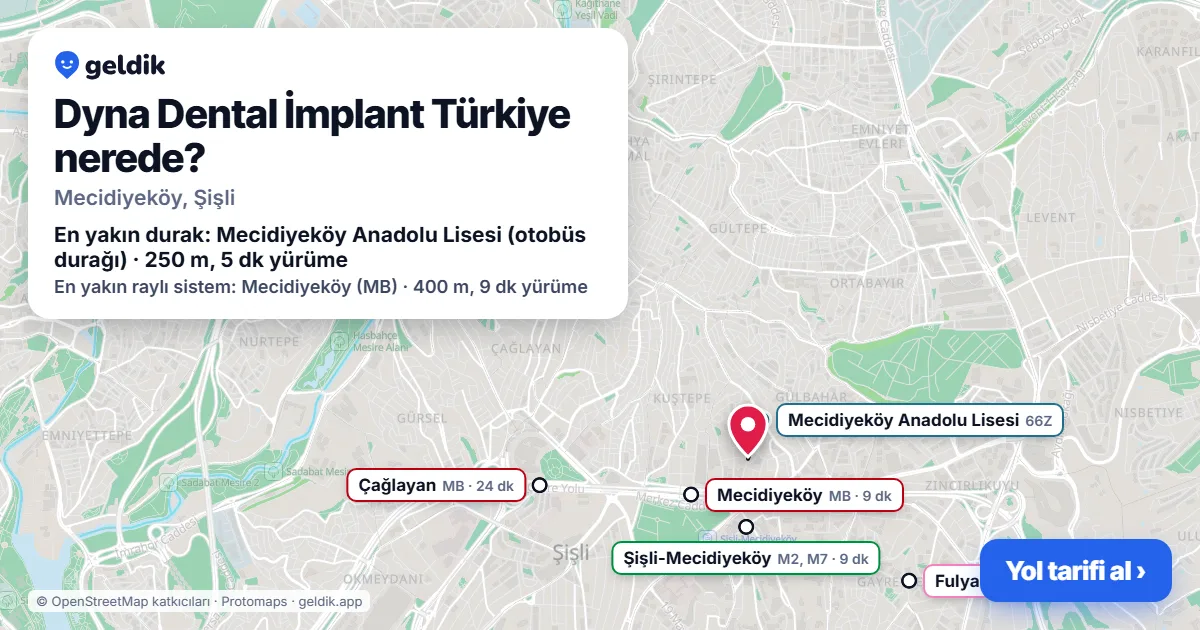 Dyna Dental İmplant Türkiye nerede: haritada konumu ve en yakın duraklar, yürüme süreleriyle