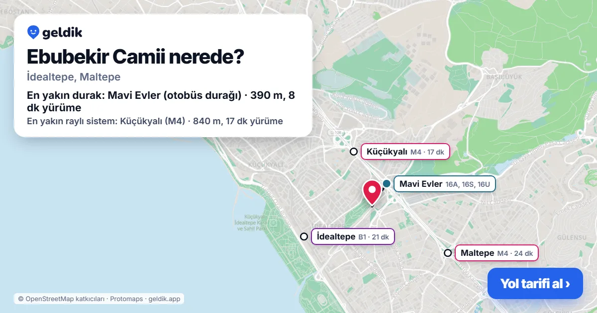 Ebubekir Camii nerede: haritada konumu ve en yakın duraklar, yürüme süreleriyle