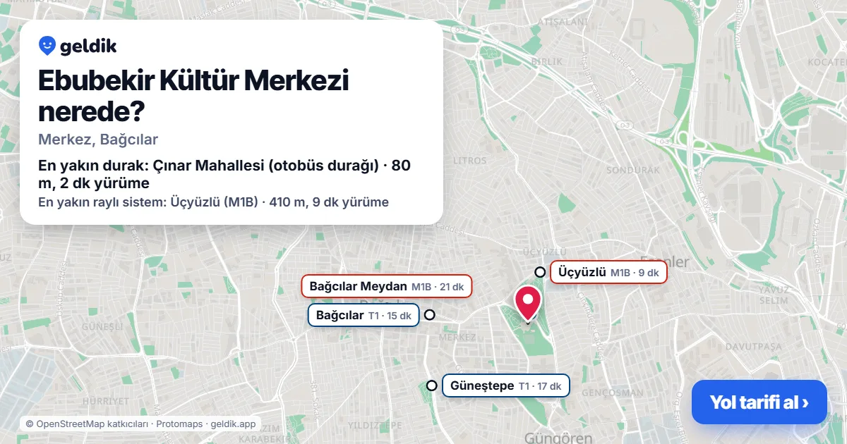 Where is Ebubekir Kültür Merkezi: map with its location and the nearest stops, with walking times