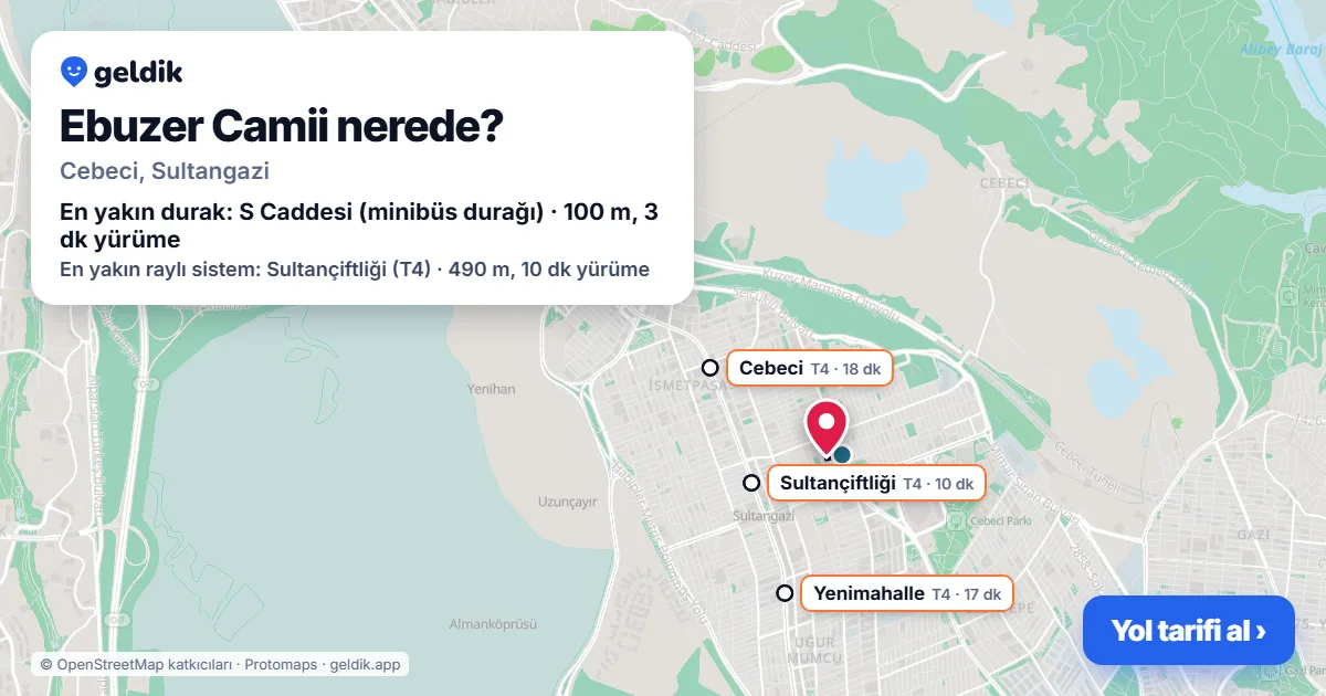 Where is Ebuzer Camii: map with its location and the nearest stops, with walking times