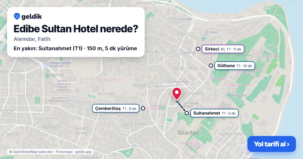 Where is Edibe Sultan Hotel: map with its location and the nearest stops, with walking times