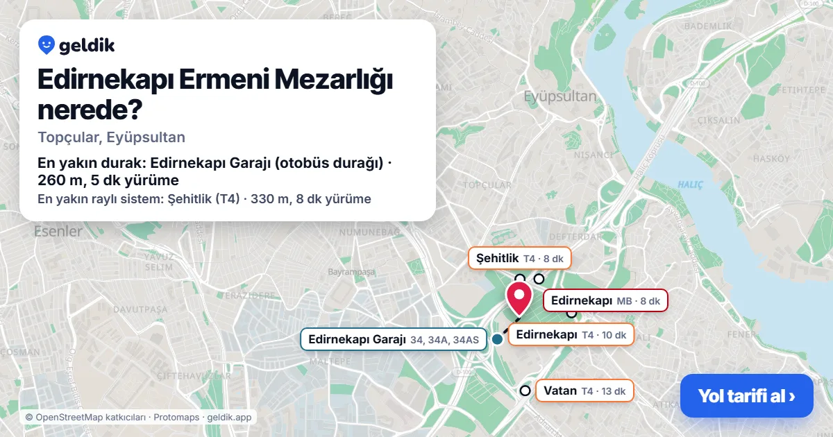 Edirnekapı Ermeni Mezarlığı nerede: haritada konumu ve en yakın duraklar, yürüme süreleriyle