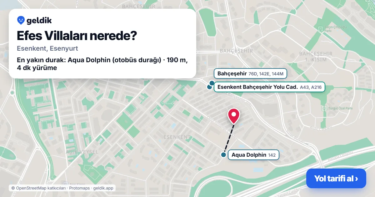 Efes Villaları nerede: haritada konumu ve en yakın duraklar, yürüme süreleriyle