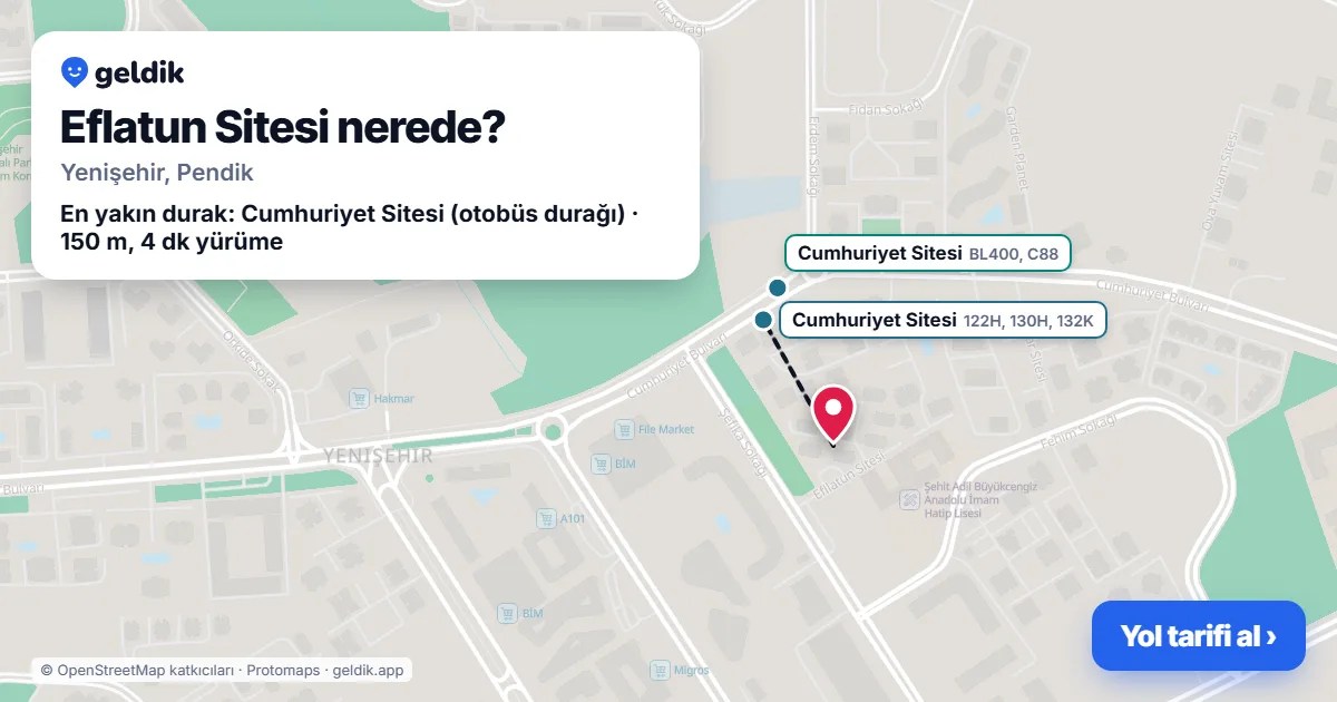 Eflatun Sitesi nerede: haritada konumu ve en yakın duraklar, yürüme süreleriyle