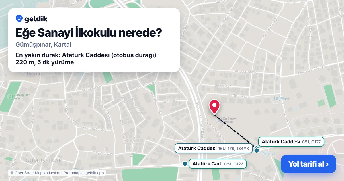 Eğe Sanayi İlkokulu nerede: haritada konumu ve en yakın duraklar, yürüme süreleriyle