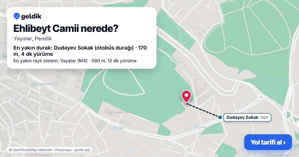 Ehlibeyt Camii nerede: haritada konumu ve en yakın duraklar, yürüme süreleriyle