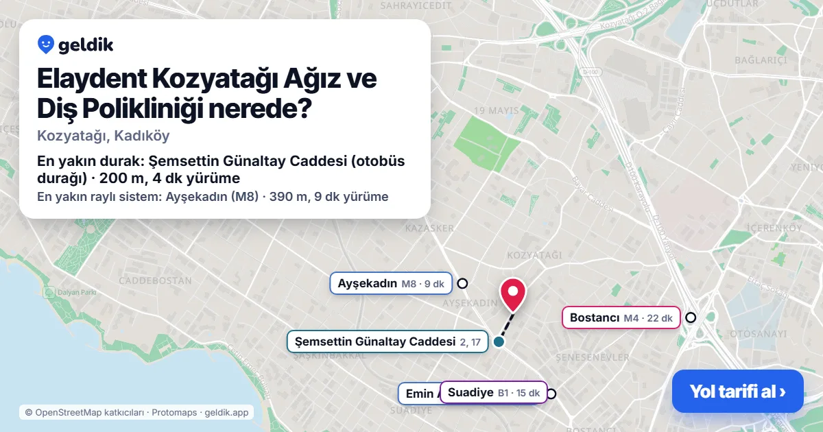 Where is Elaydent Kozyatağı Ağız ve Diş Polikliniği: map with its location and the nearest stops, with walking times