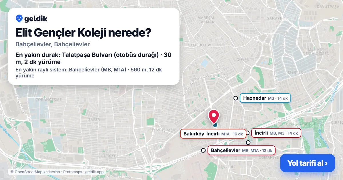 Elit Gençler Koleji nerede: haritada konumu ve en yakın duraklar, yürüme süreleriyle