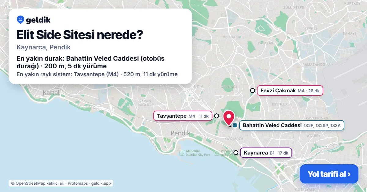 Elit Side Sitesi nerede: haritada konumu ve en yakın duraklar, yürüme süreleriyle
