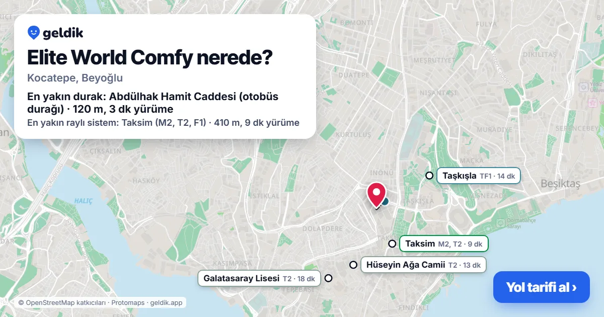 Where is Elite World Comfy: map with its location and the nearest stops, with walking times