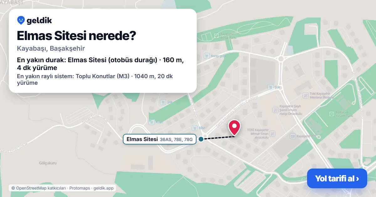 Where is Elmas Sitesi: map with its location and the nearest stops, with walking times