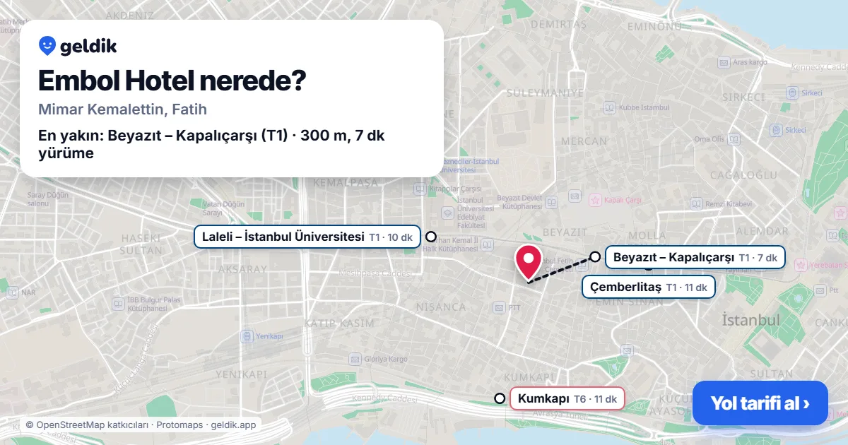 Where is Embol Hotel: map with its location and the nearest stops, with walking times