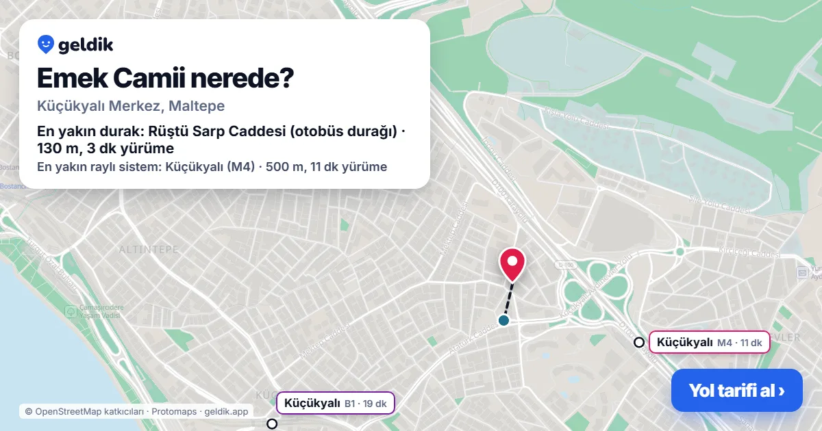Emek Camii nerede: haritada konumu ve en yakın duraklar, yürüme süreleriyle