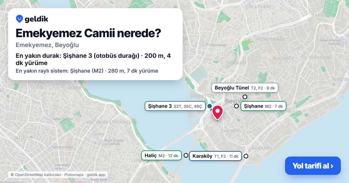 Where is Emekyemez Camii: map with its location and the nearest stops, with walking times